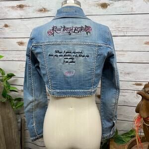 RTB Real Tough B itch Denim Jacket SMALL Biker Babe Blue Jean Embroidered Bling